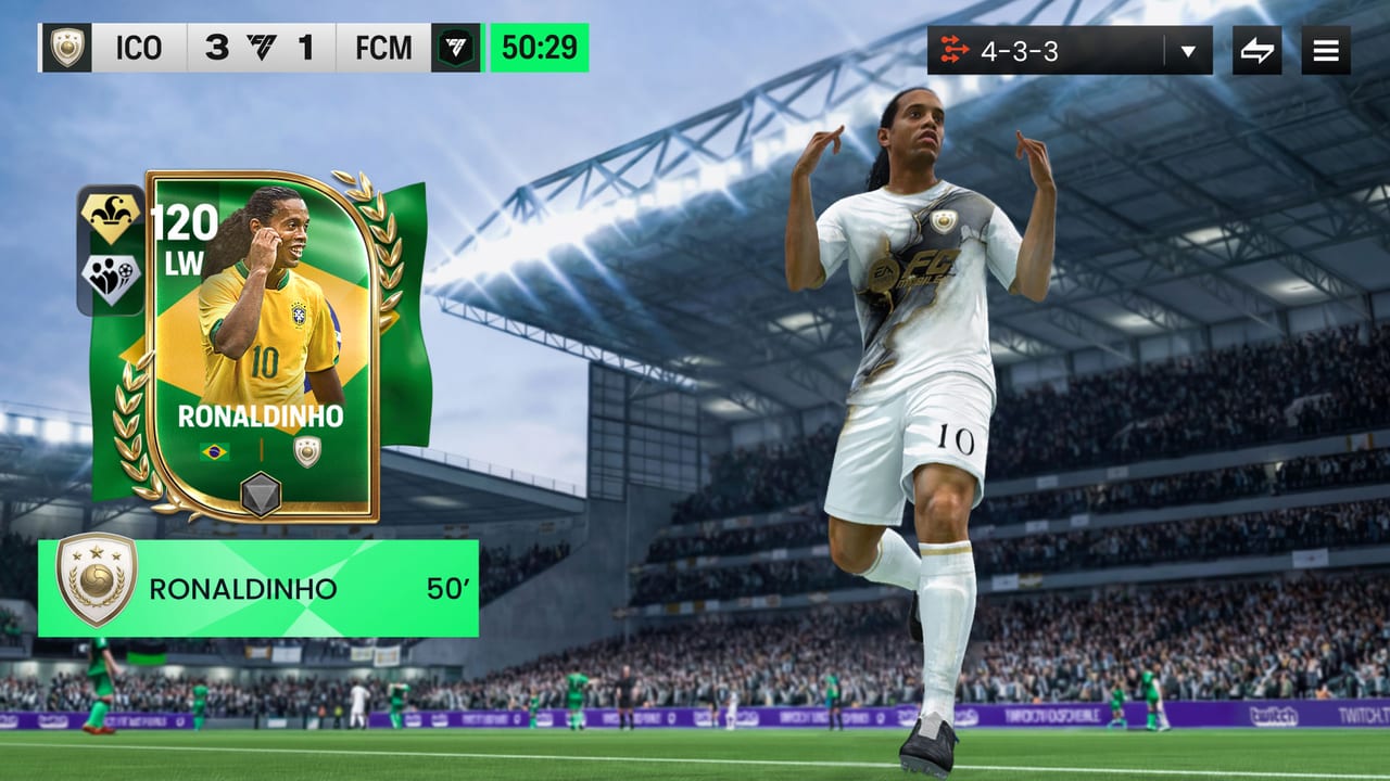 FC Mobile Limited Beta match celebration with a 120 OVR Ronaldinho item after a PlayStyles goal