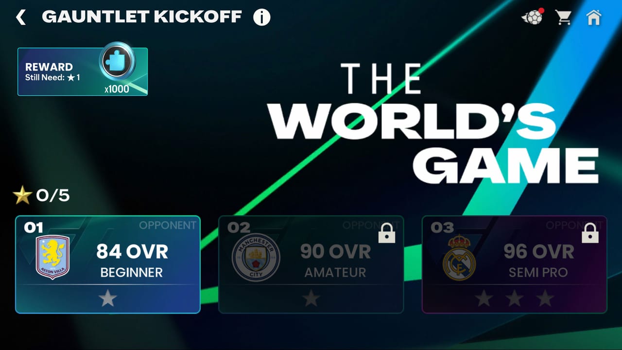 FC Mobile Gauntlet Kickoff menu showing challenge rounds, star progress, and a reward chest